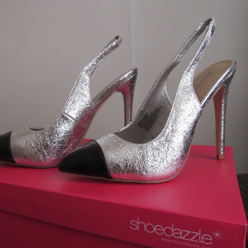 JustFab: Black & Silver High heel stilettos. Brand new in original package.